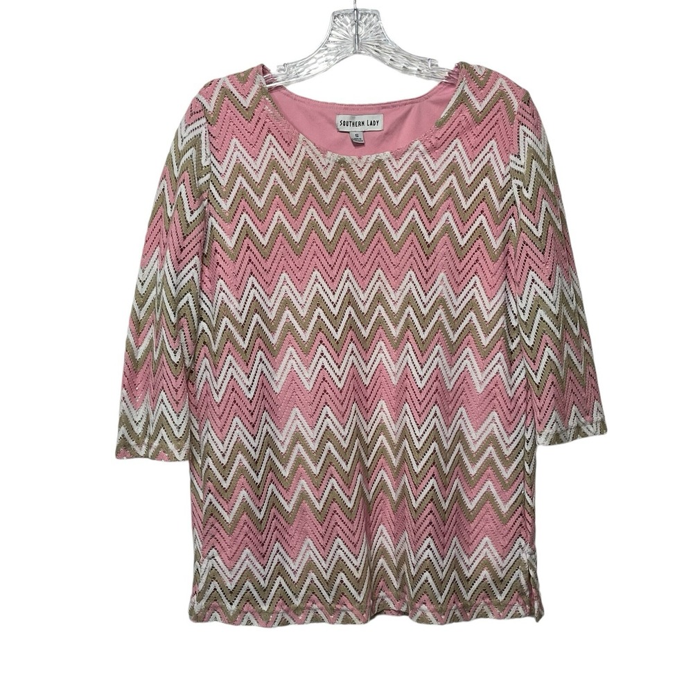 Southern Lady Pink White Tan‎ Chevron Knit 3/4 Sleeve Top Women's Size S